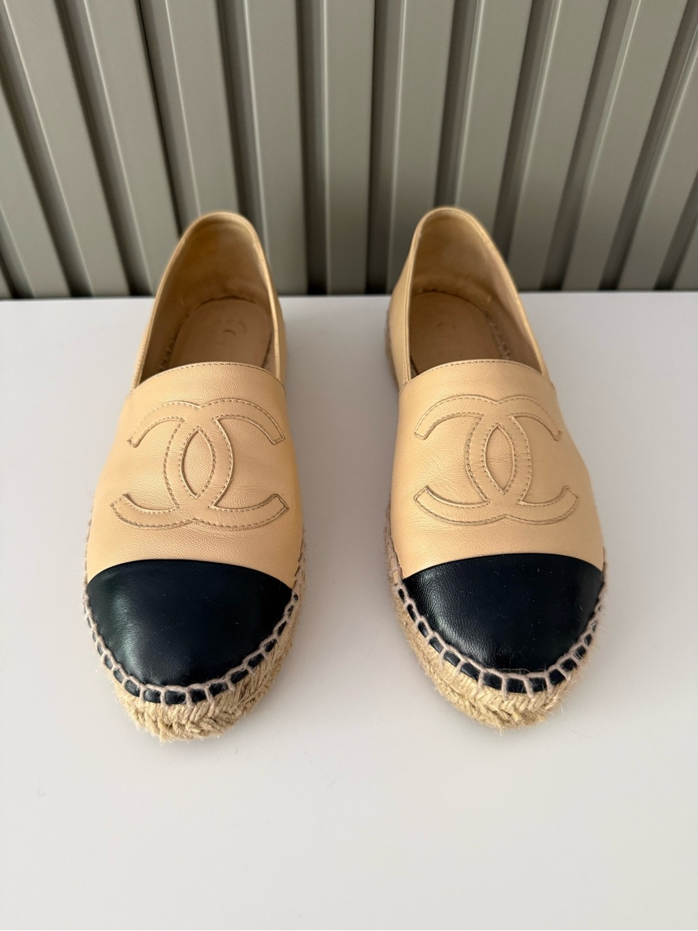 CHANEL Beige and Black Leather Espadrille Flats 100% Authentic